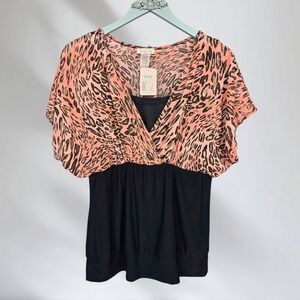 Check It‎ Out Colorblock Peach and Black Leopard Print Surplice Top NWT